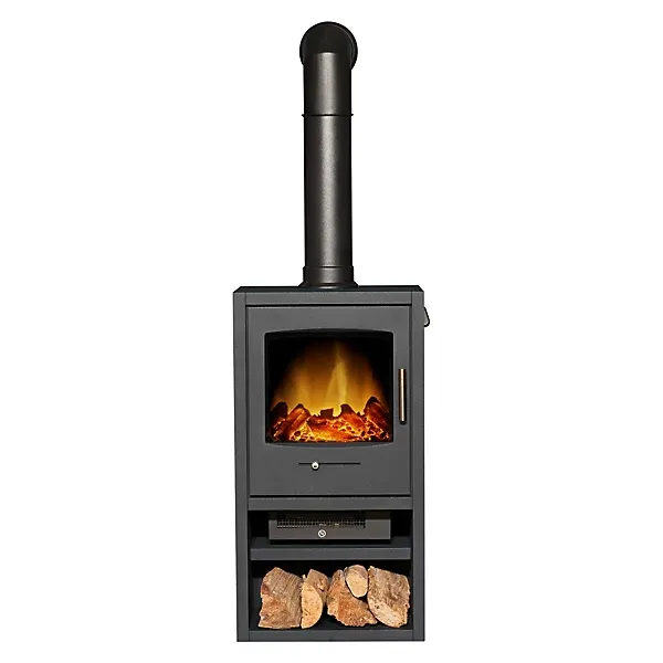 Adam Bergen XL Electric Stove in Charcoal Grey with Tall Angled Stove Pipe in Black